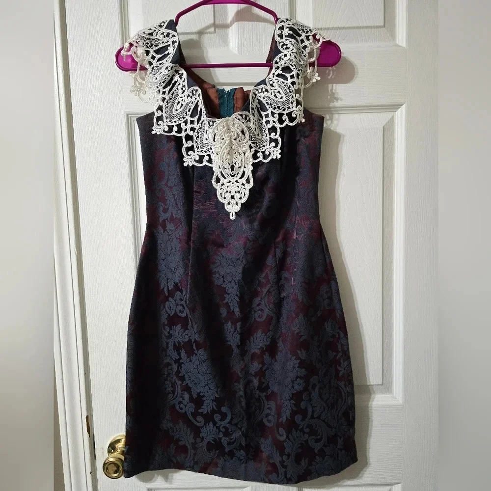 Vintage Jessica McClintock Gunne Sax Jacquard & Lace Mini Off-Shoulder Dress.